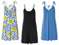 Une robe blanche à imprimé citron, une combinaison noire et une robe bleue.
