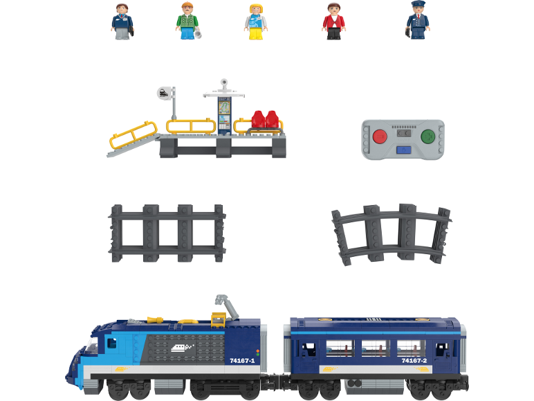 Train jouet avec rails, quai, télécommande et figurines.