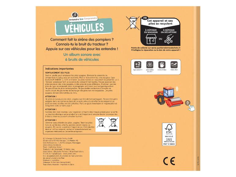 Livre sonore interactif sur les véhicules, avec instructions de sécurité et de recyclage.