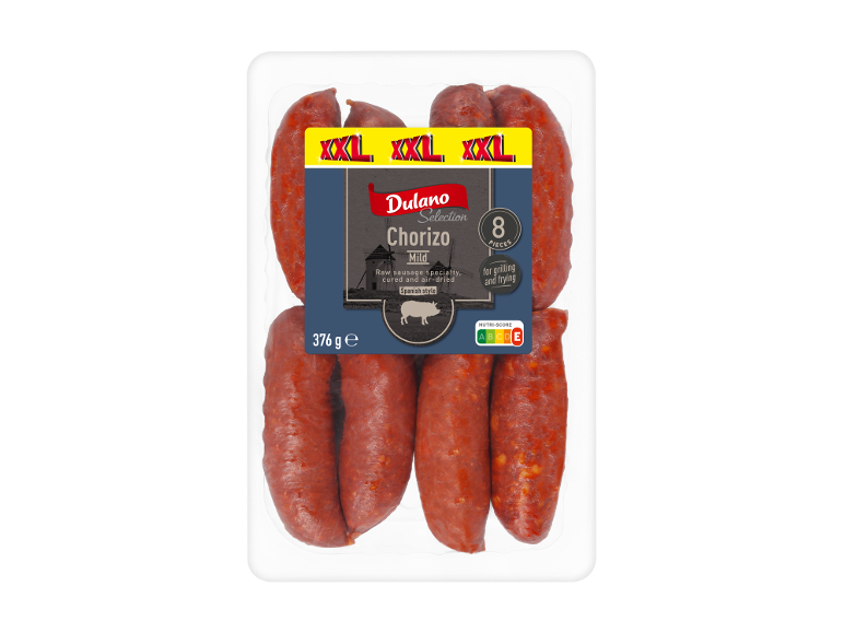 Paquet de 8 saucisses chorizo douces (376g), pour griller et frire.