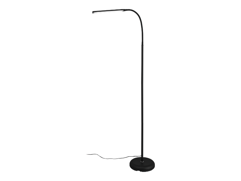 Lampe sur pied LED noire à bras incurvé.