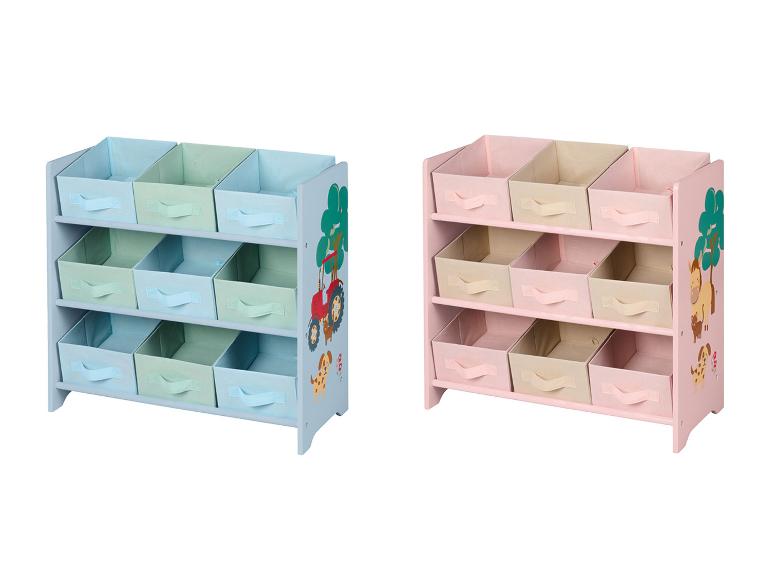 Deux unités de rangement pour enfants avec bacs colorés, une bleue avec animaux de la ferme, une rose avec animaux de la forêt.