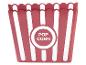 Un seau de popcorn rose à rayures blanches.