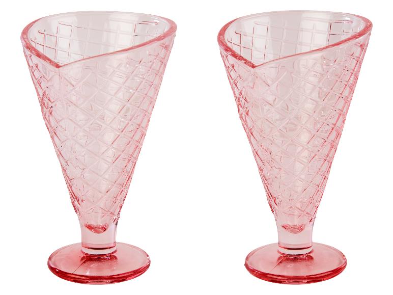 Deux coupes à glace en verre rose, motif gaufré.