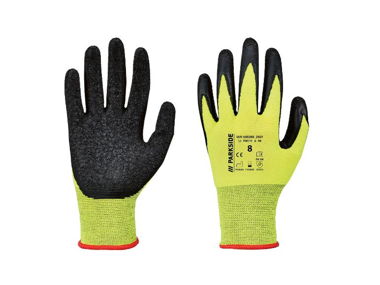 Paire de gants de travail jaunes et noirs avec prise texturée et informations sur le produit.