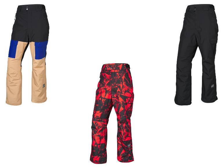 Trois pantalons de ski: beige et noir, rouge et noir, et noir.