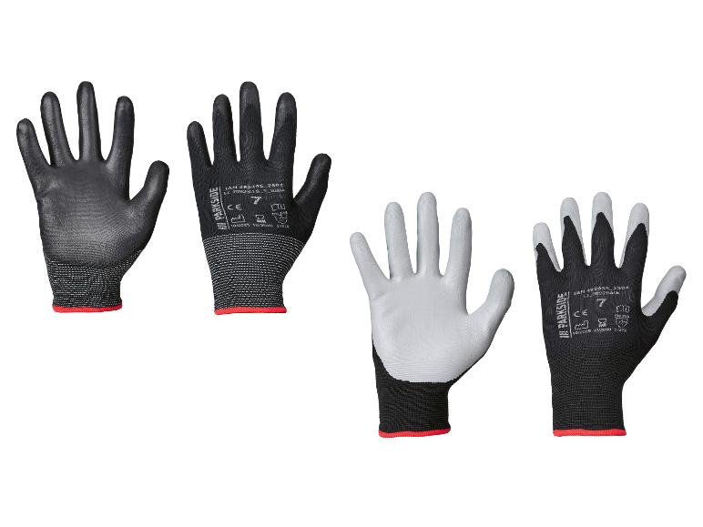 Deux paires de gants de travail Parkside, une noire et une noir et blanc, avec bordure rouge.