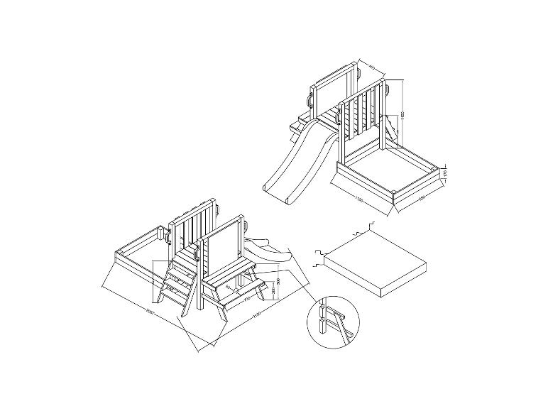 Deux vues isométriques d'une aire de jeux en bois avec toboggan, bac à sable et bancs, avec dimensions.