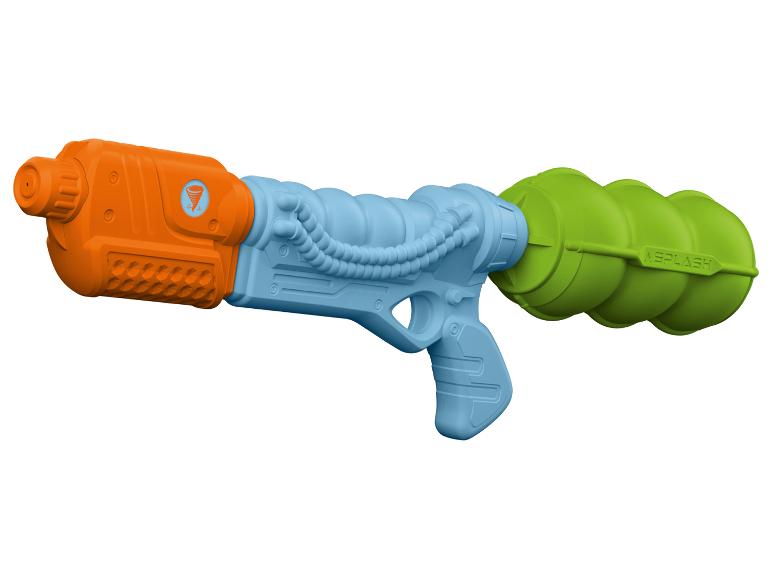Pistolet à eau coloré orange, bleu et vert avec un logo de tornade.