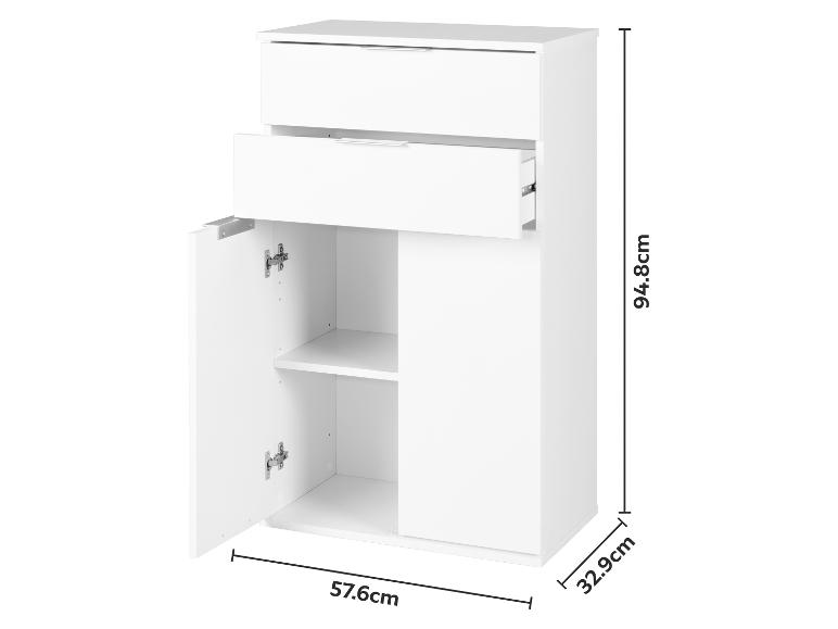 Meuble blanc avec deux tiroirs et deux portes montrant des étagères intérieures, avec dimensions.