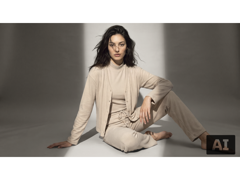 Femme en ensemble d'intérieur beige trois pièces assise au sol