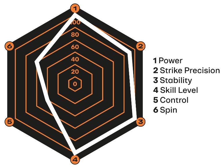 Graphique radar montrant les métriques de performance : puissance, précision de frappe, stabilité, niveau de compétence, contrôle et spin.