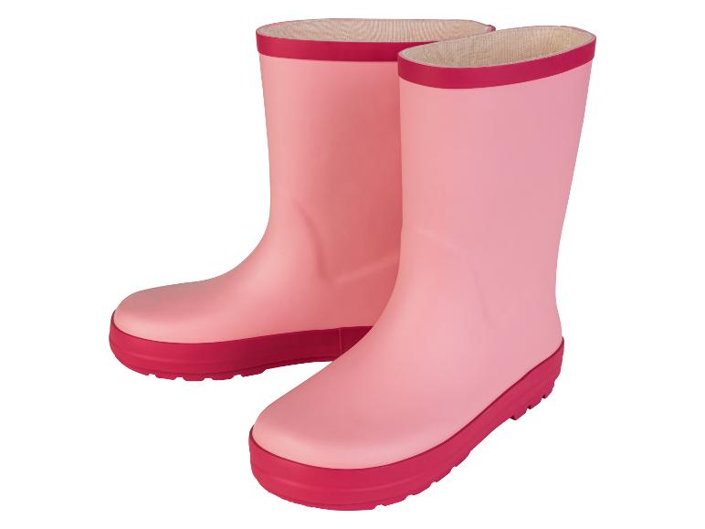 Deux bottes de pluie roses avec des bordures rouges.