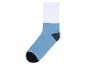 Une chaussette bleue avec des accents blancs et noirs.