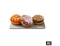 Trois beignets de Berlin avec glaçage coloré sur une assiette. [image générée par l'IA]