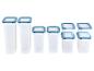 Ensemble de boîtes de conservation en plastique transparent avec couvercles bleus, diverses tailles.