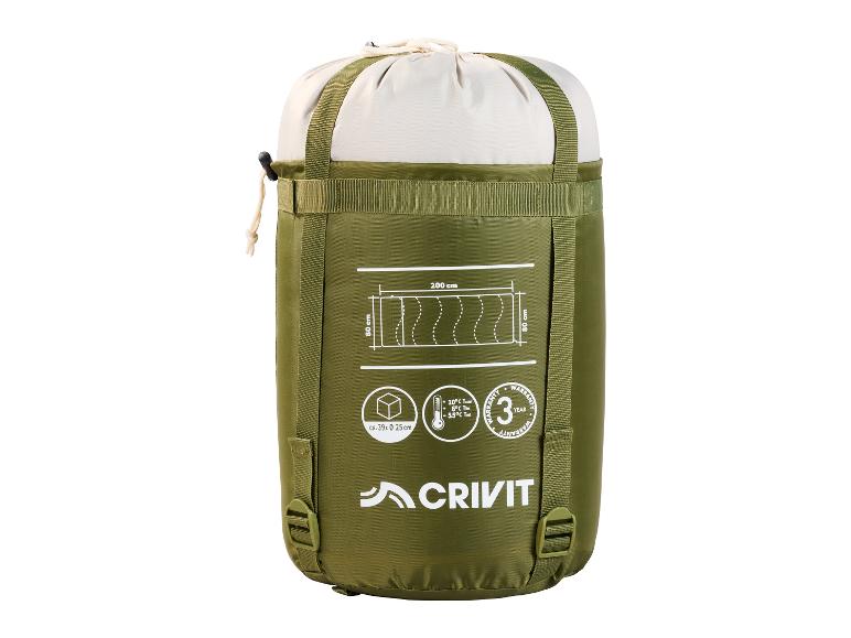 Sac de couchage vert de 200x80 cm, avec plage de température et garantie de 3 ans.