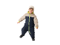 Garçon souriant en combinaison de neige beige et bleu marine avec fermeture éclair jaune fluo et bonnet crème