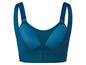 Un soutien-gorge de sport bleu avec des bretelles larges.