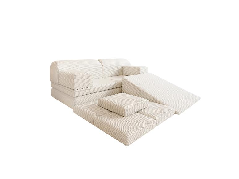 Canapé de jeu modulaire en tissu côtelé beige clair, avec deux dossiers, deux accoudoirs et des rampes