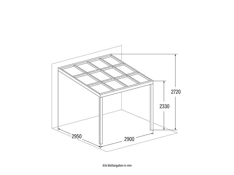 Dessin dimensionnel de pergola, mesures 2950x2900x2720/2330 mm.