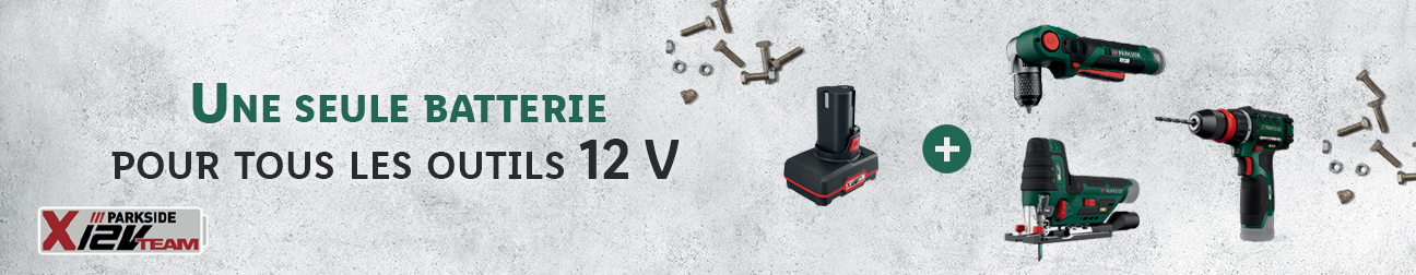 Une batterie Parkside 12V pour plusieurs outils électriques, dont une perceuse et une scie sauteuse.