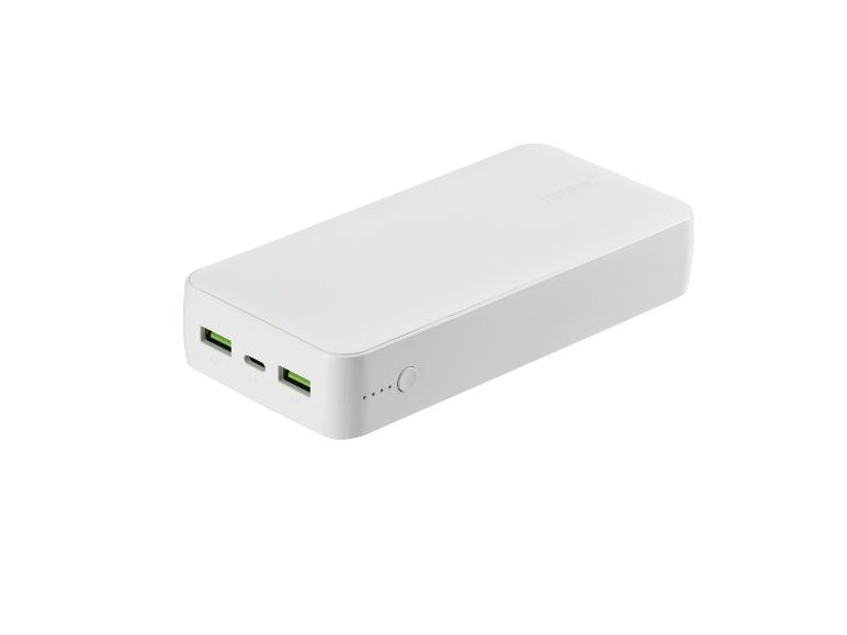 Batterie externe Tronic blanche avec deux ports USB et un port USB-C.