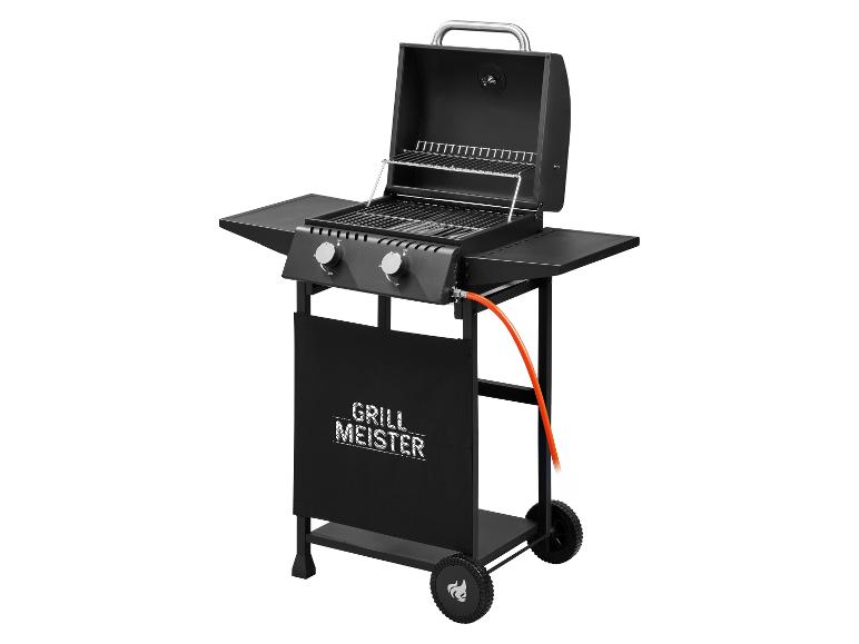 Barbecue à gaz noir 'Grill Meister' avec deux brûleurs, couvercle ouvert et tuyau orange.