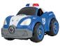 Une voiture de police jouet bleue avec des roues qui tournent.