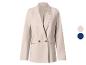 Blazer croisé beige clair avec boutons et deux options de couleur.