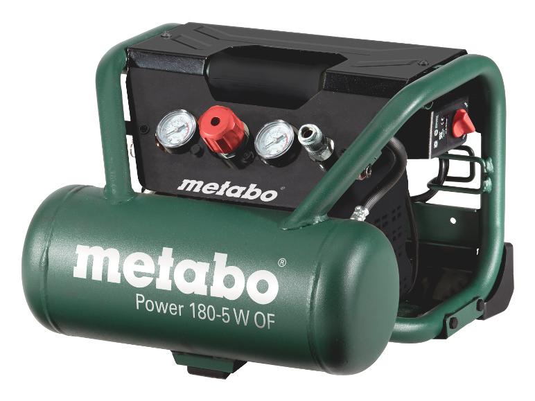 Compresseur d'air Metabo Power 180-5 W OF vert et noir avec manomètres et régulateur.