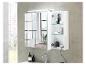 Armoire de salle de bain blanche avec miroir, éclairage LED et étagères en verre.