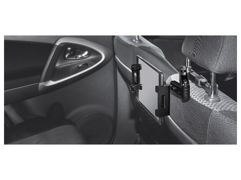 Support de tablette fixé à l'appuie-tête d'un siège de voiture, avec une tablette insérée.