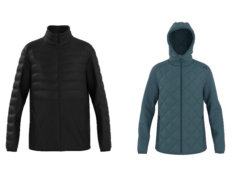 Doudoune noire et doudoune bleu-vert à capuche.