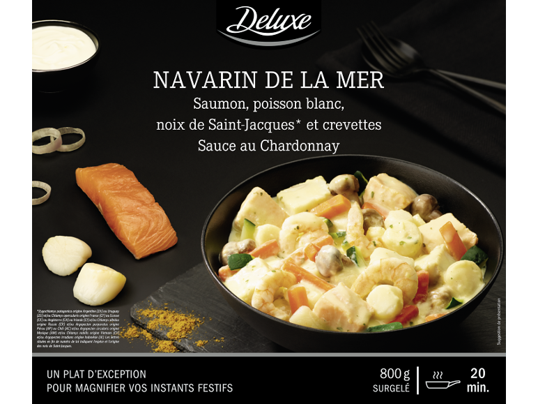 Deluxe Navarin de la Mer : saumon, poisson blanc, noix de Saint-Jacques et crevettes sauce Chardonnay.