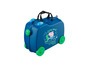 Une valise bleue à roulettes, avec Peppa Pig et un dinosaure.