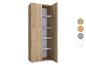 Une armoire haute et étroite en bois clair avec des portes ouvertes révélant des étagères blanches.