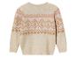 Pull beige à motif géométrique rose et or.