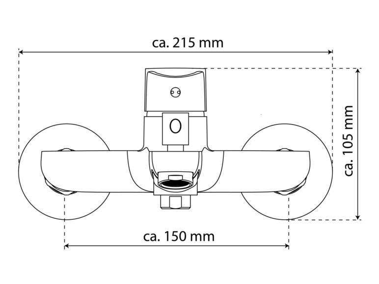 Dimensions d'un mitigeur de douche avec deux poignées et une pomme de douche pluie.
