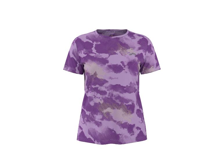 T-shirt de sport violet à motifs abstraits et rayures diagonales.