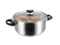 Une casserole en acier inoxydable avec un couvercle en verre, remplie de légumes.