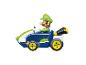 Luigi de Mario Kart dans un kart bleu avec des détails verts.