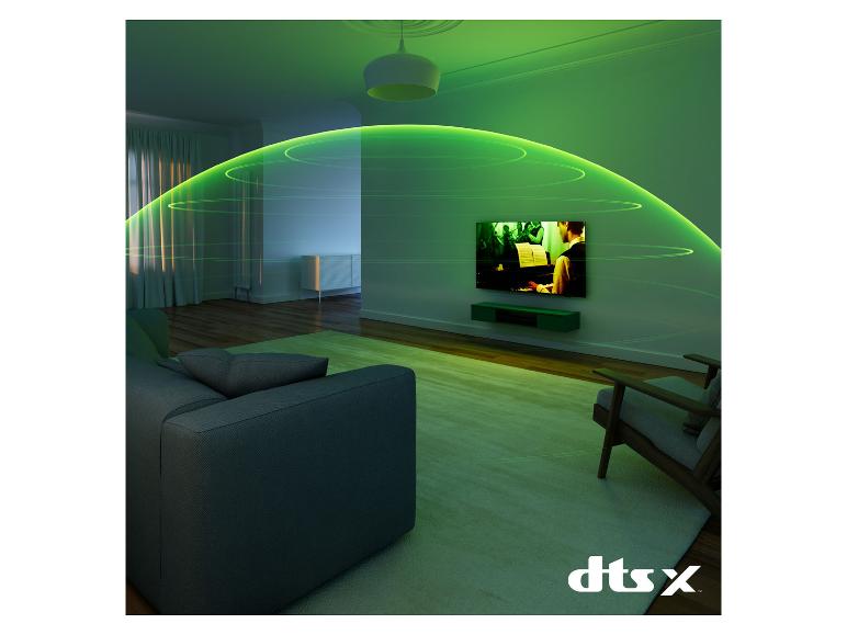 Salon avec son surround vert émanant d'une télévision, avec le logo DTS:X.