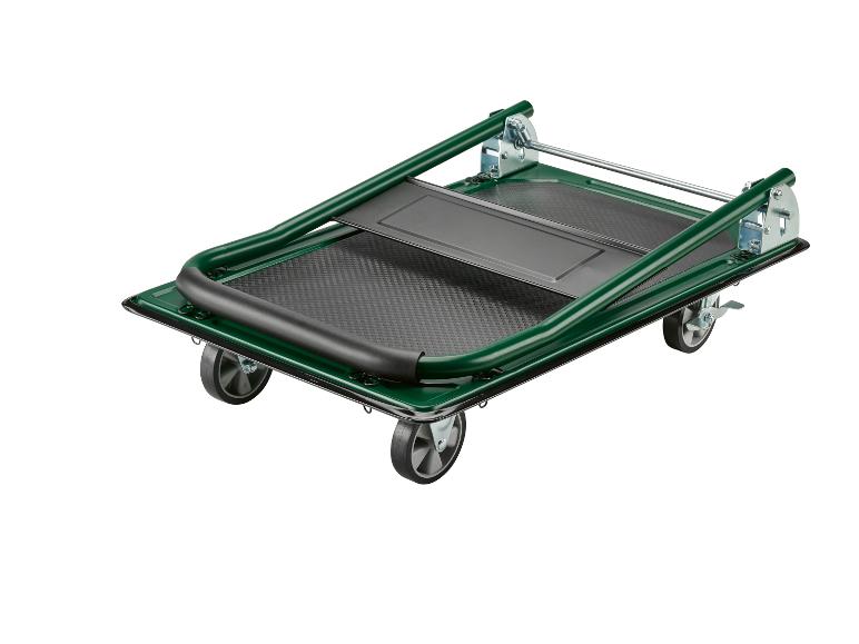 Chariot plateforme pliable vert avec roues et poignée noire.