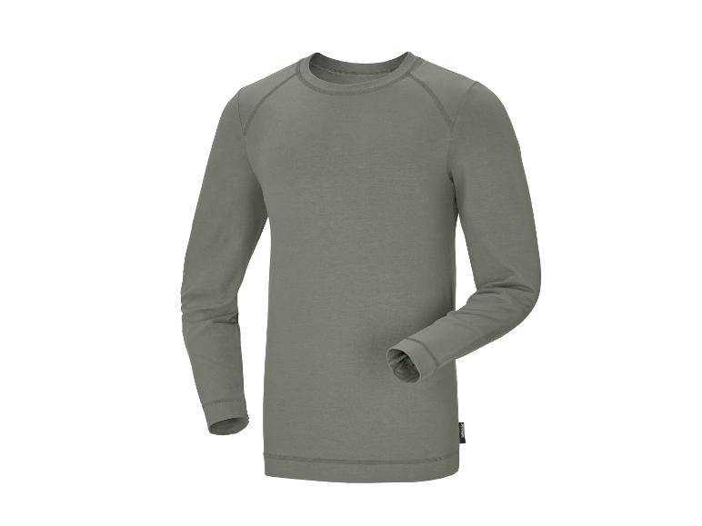 T-shirt homme vert olive à manches longues avec col rond et manches raglan.