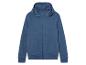 Un sweat-shirt à capuche bleu avec fermeture éclair.