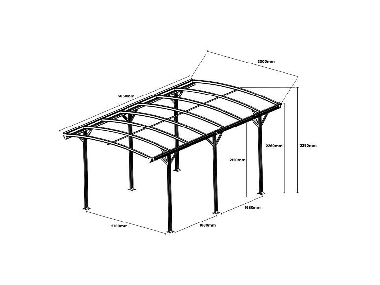 Abri de voiture avec toit incurvé, dimensions 5050mm x 3000mm, hauteur 2390mm.