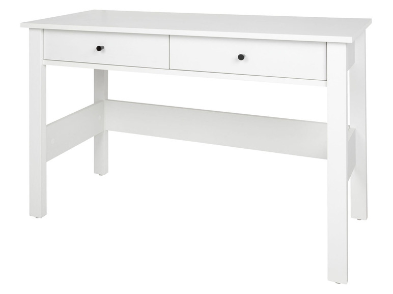 Bureau blanc avec deux tiroirs.