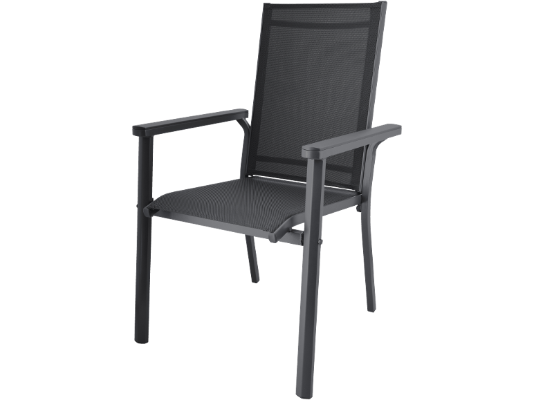 Chaise d'extérieur gris foncé avec assise et dossier en maille