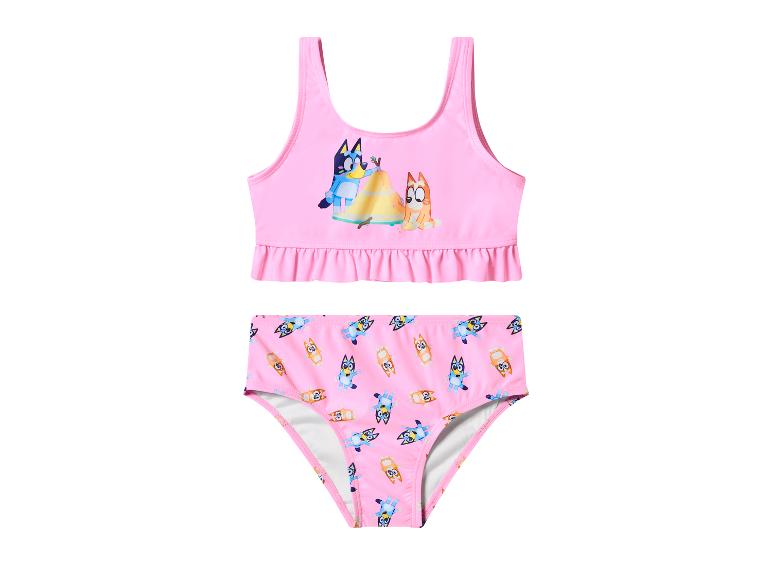 Maillot de bain deux pièces rose avec imprimé de personnages de dessins animés.